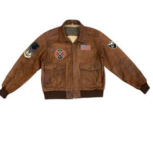 Vintage A-2 Style Leather Flight Jacket Men’s 44 Brown Bomber USA Patches Korea